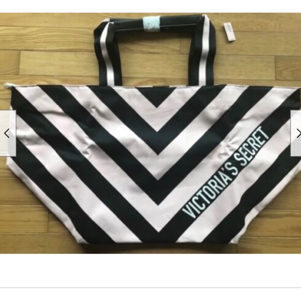 NWT Victoria's Secret  Pink/Black Diagonal Canvas Large Tote Bag Shopper - Picture 3 of 4